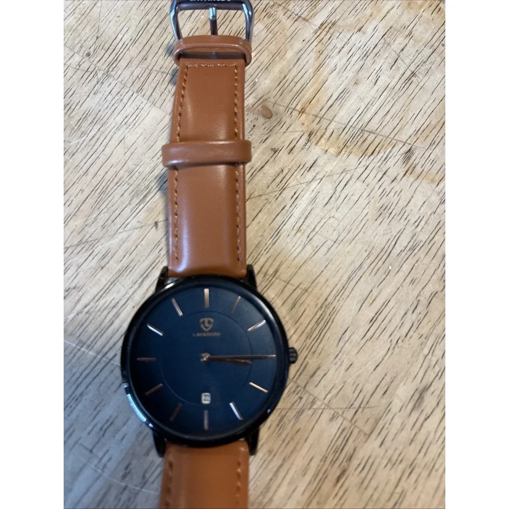 LAVAREDO Ultra Thin Quartz Wristwatch Blue Dial Brown Leather Band Date Mens